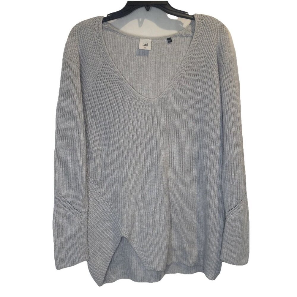 Cabi Women’s Cloud Gray Cotton V Neck Pullover Side Zip Sweater Top Sz M